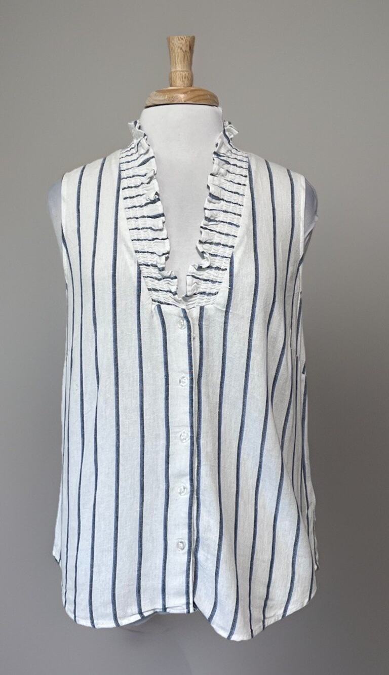 Ellen Tracy Womens M Stripe Ruffle V-Neck Sleeveless Top Boho Linen Blend